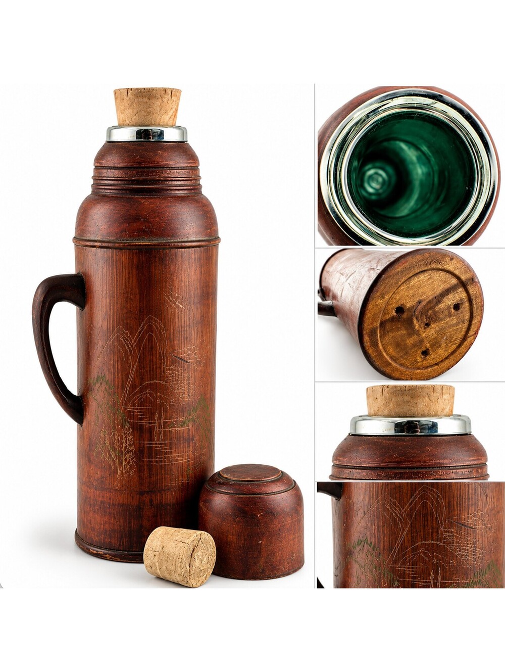 Vintage Wooden Thermos with Glass Inner Liner and Cork Stopper